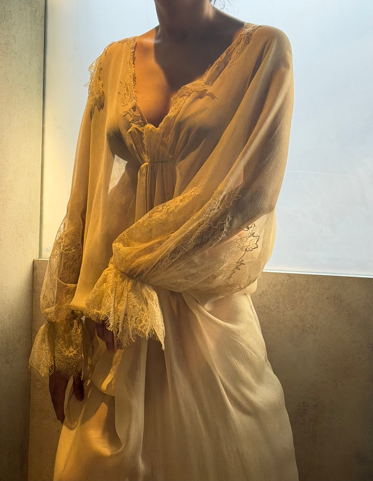 Cream Chiffon and Lace Kaftan