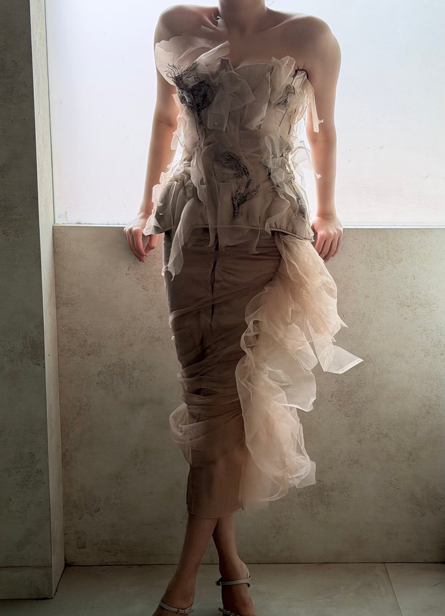Two Layer Champagne Satin and Tulle Skirt
