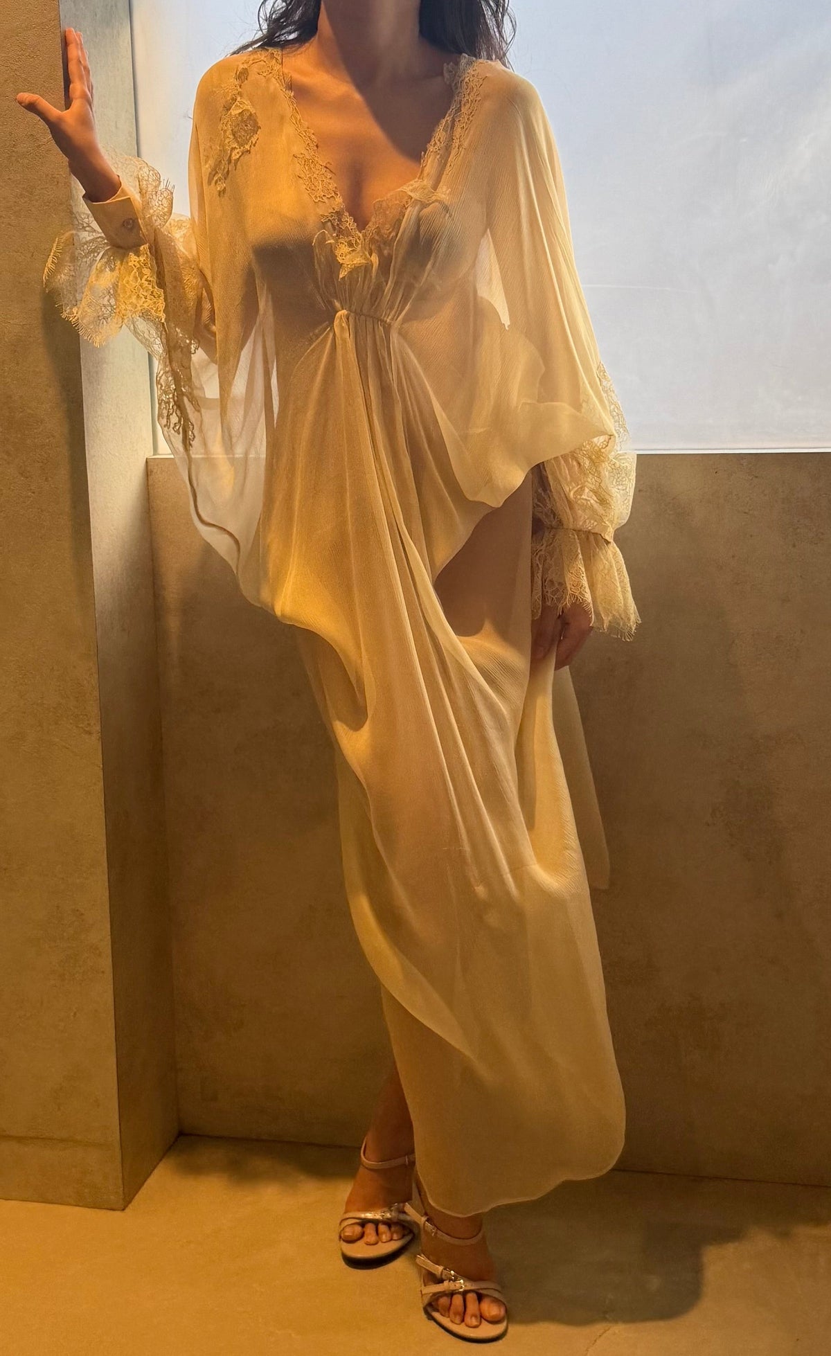 Cream Chiffon and Lace Kaftan