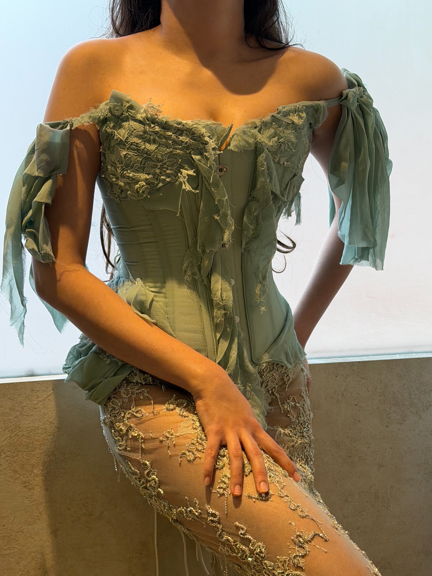 Teal Georgette and Lace Corset