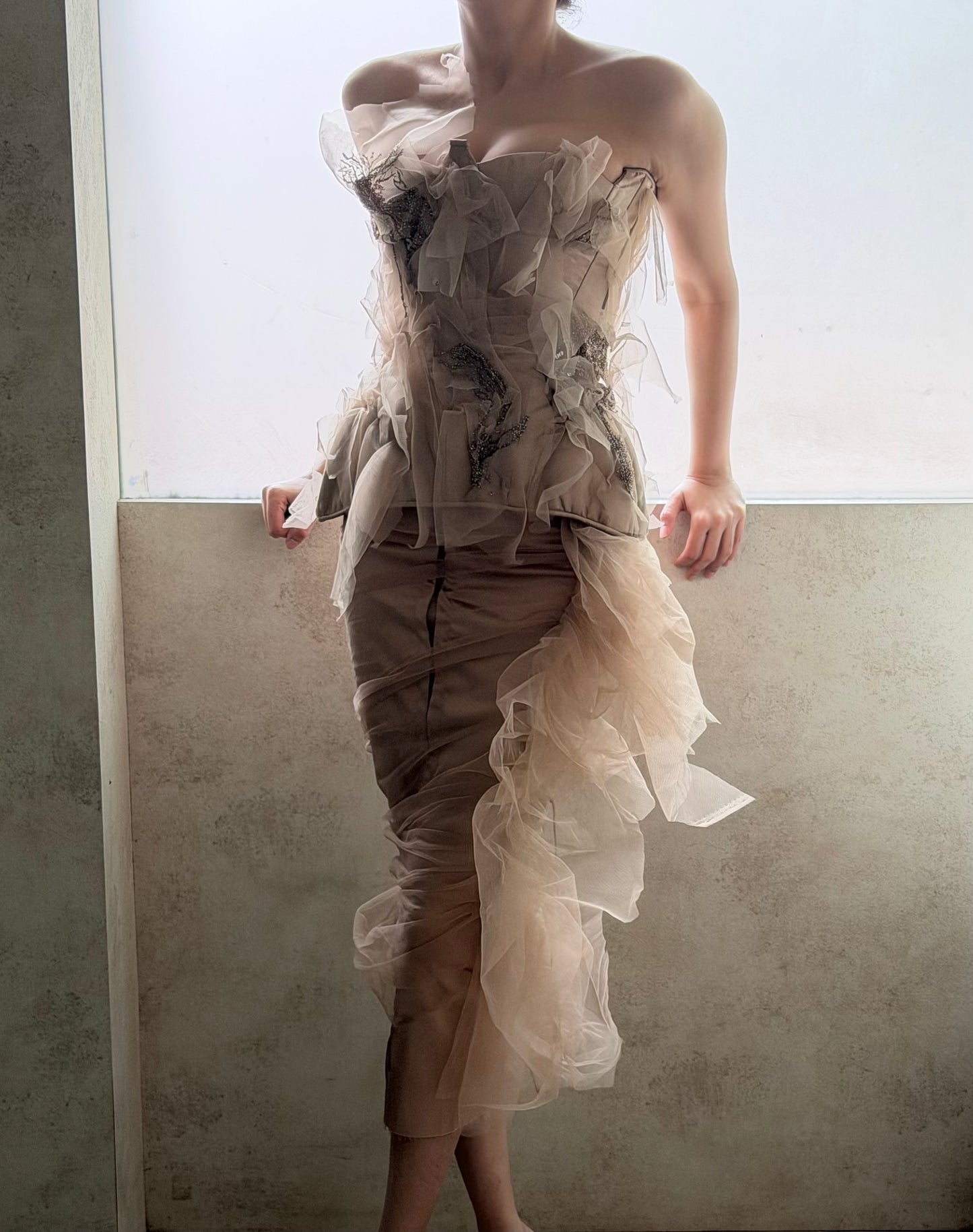 Two Layer Champagne Satin and Tulle Skirt