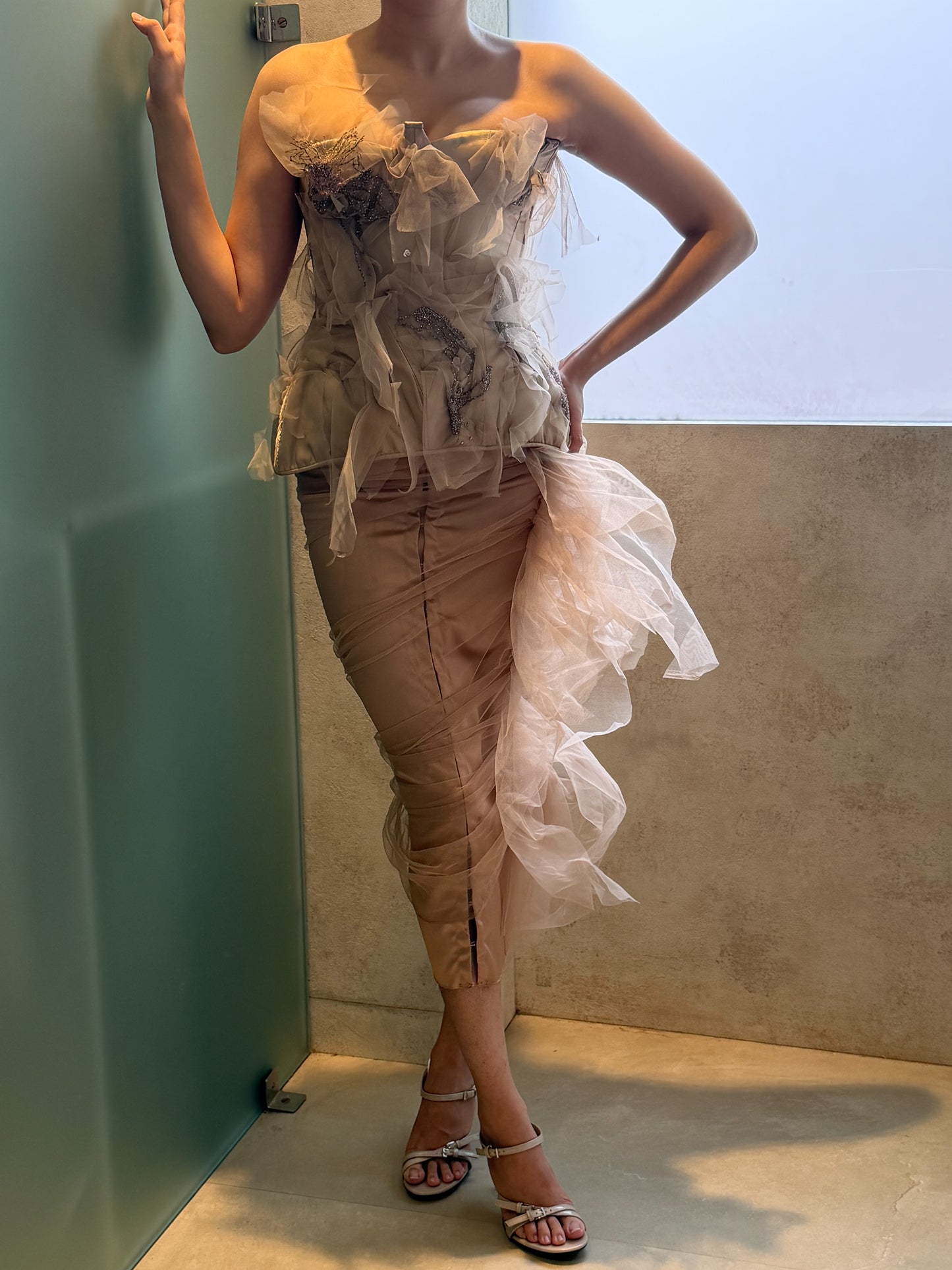 Two Layer Champagne Satin and Tulle Skirt