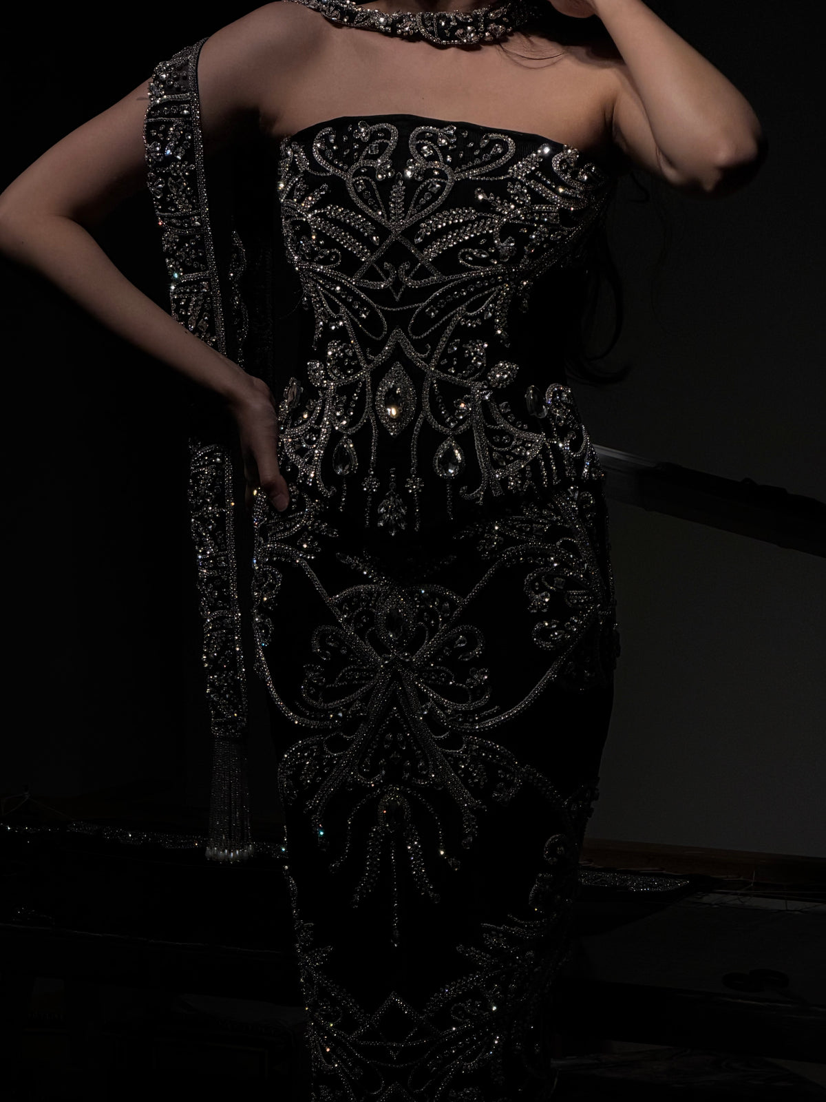 70hrs Black Crystal Corset and Scarf