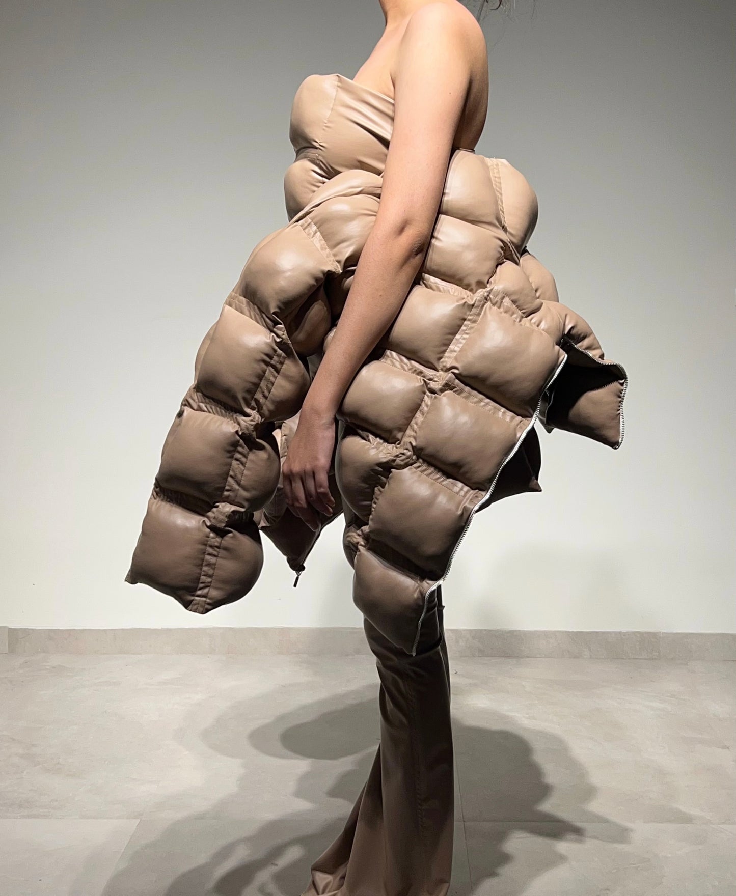 Nude Soft Leather Puffer Oversize Jacket