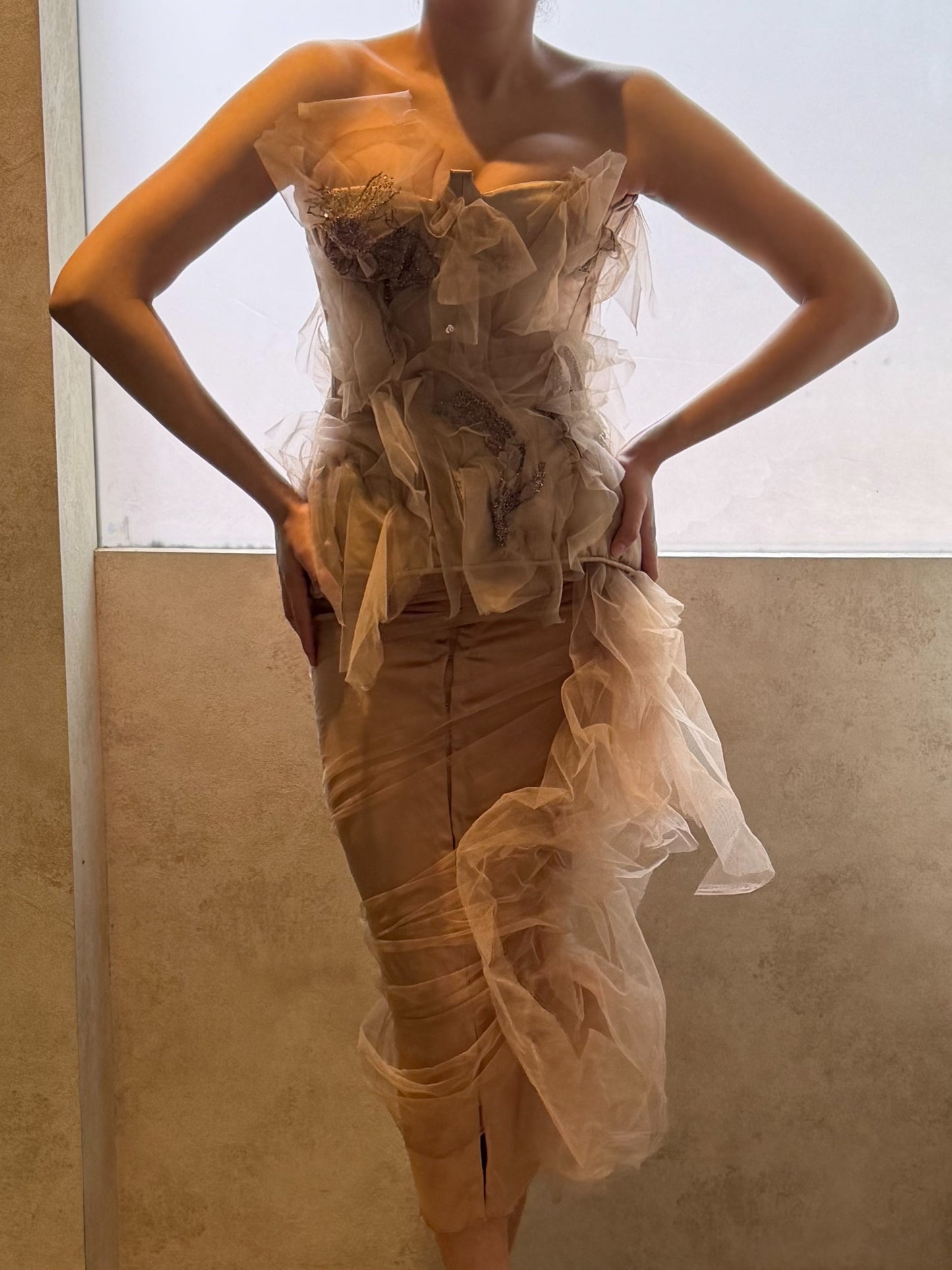 Two Layer Champagne Satin and Tulle Skirt