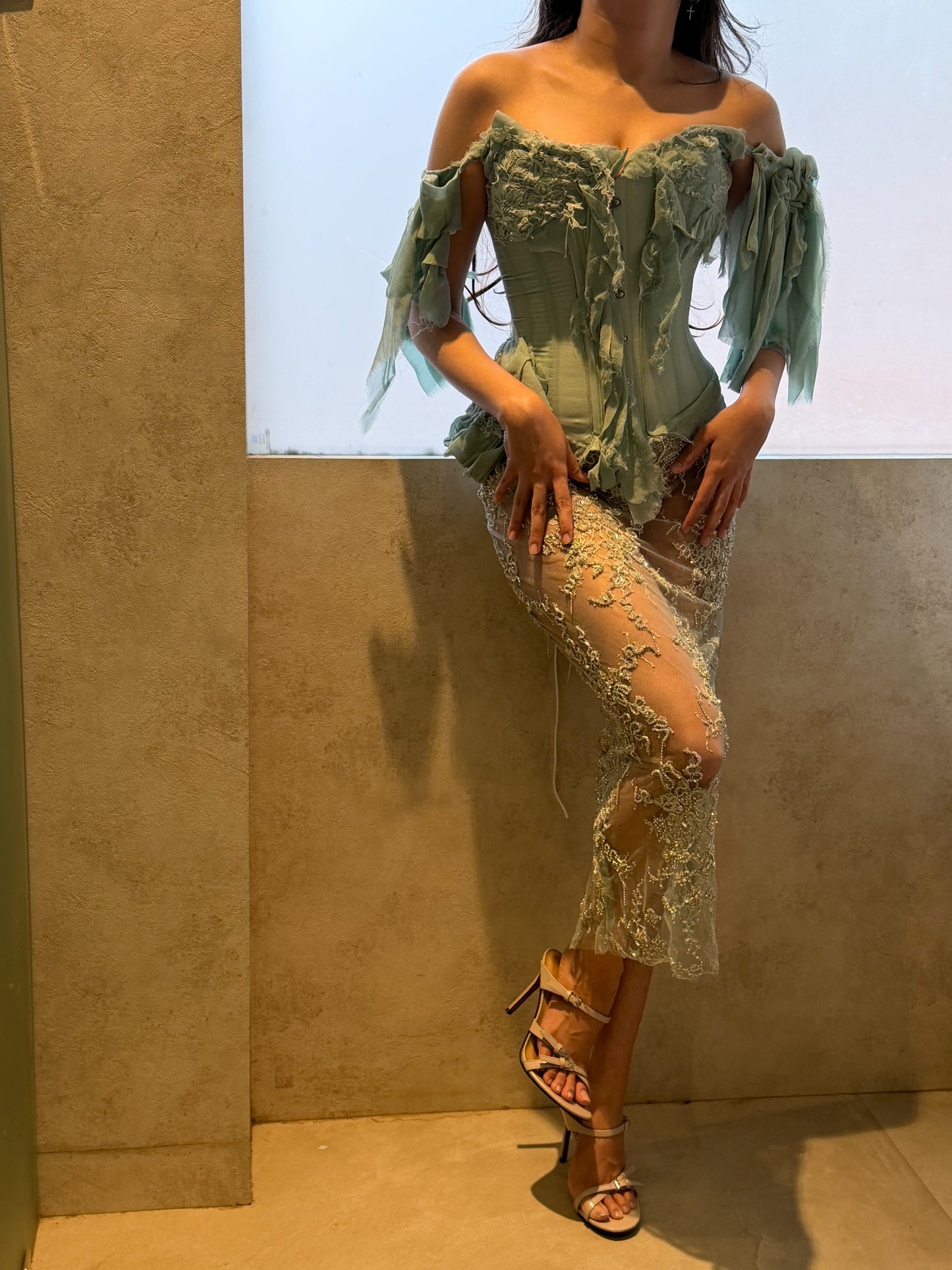 Teal Georgette and Lace Corset