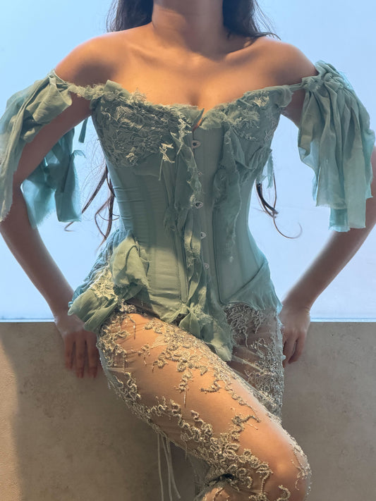 Teal Georgette and Lace Corset