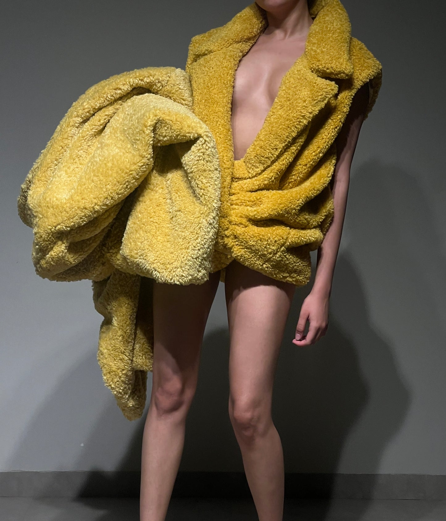 Faux Fur Yellow Oversized Knot Dress