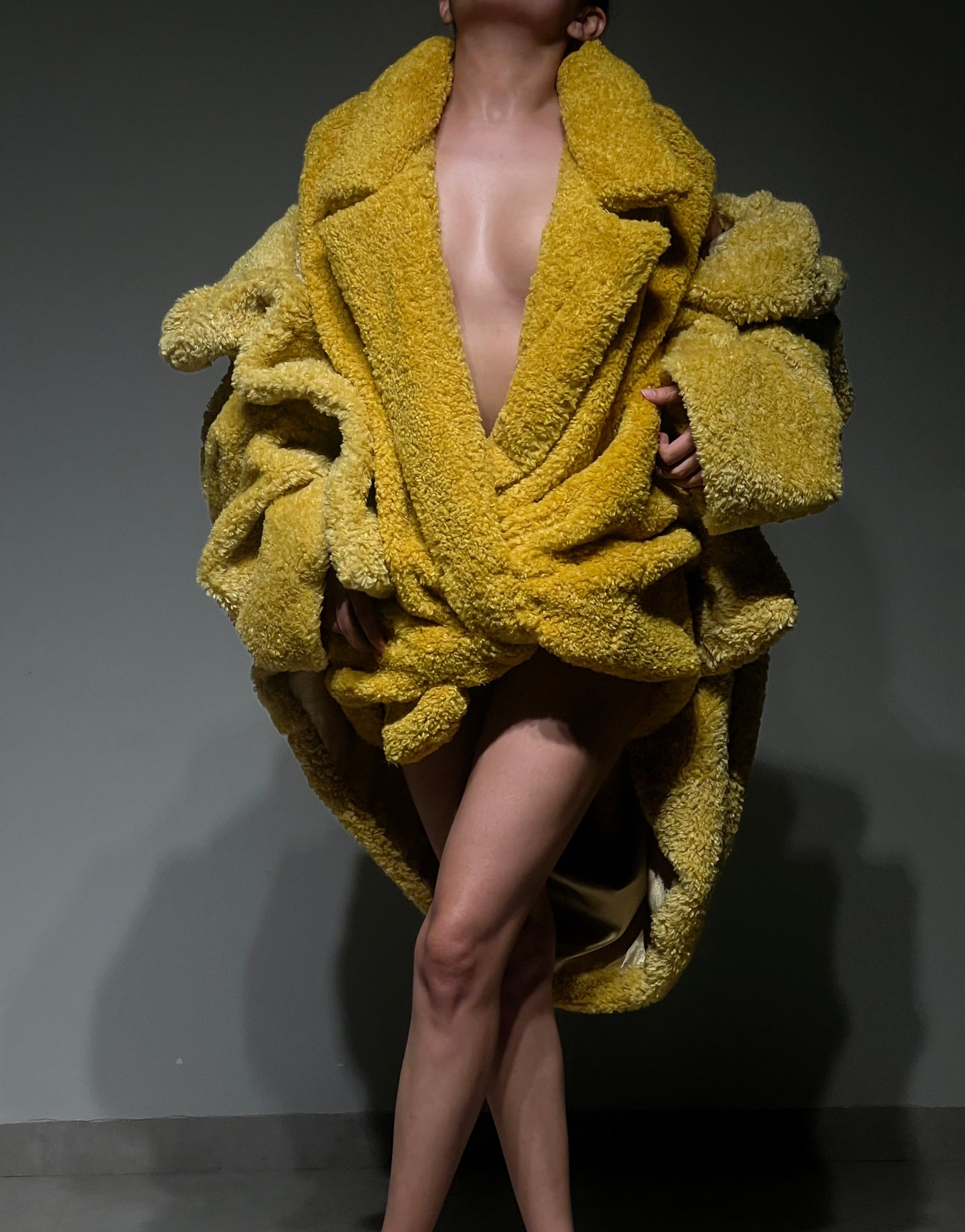 Faux Fur Yellow Oversized Knot Dress